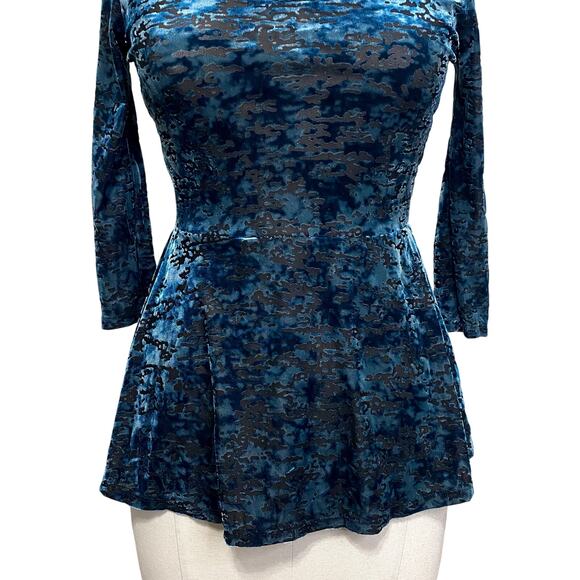 Decree Whimsygoth Gothic Blue Velvet Semi Sheer Fitted Blouse - Picture 3 of 11